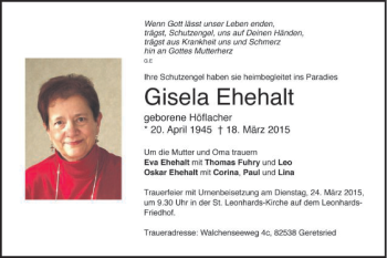 Traueranzeige von Gisela Ehehalt von Gmünder Tagespost