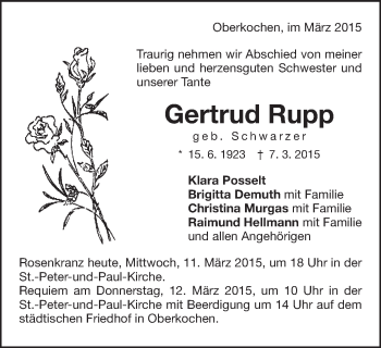 Traueranzeige von Gertrud Rupp von Schwäbische Post