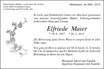 Traueranzeige von Elfriede Maier von Gmünder Tagespost