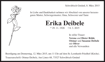 Traueranzeige von Erika Deibele von Gmünder Tagespost