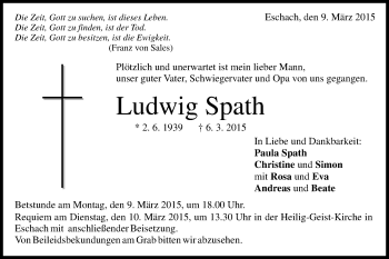 Traueranzeige von Ludwig Spath von Gmünder Tagespost