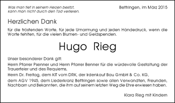 Traueranzeige von Hugo Rieg von Gmünder Tagespost