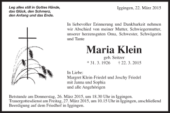 Traueranzeige von Maria Klein von Gmünder Tagespost