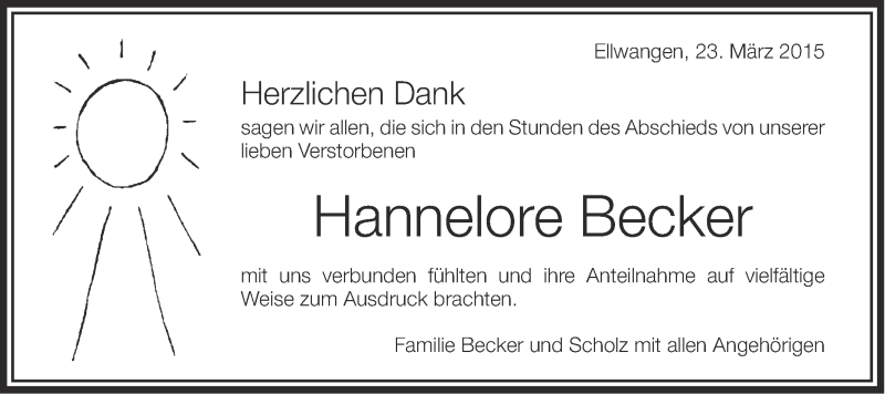 Traueranzeige für Hannelore Becker vom 23.03.2015 aus Schwäbische Post