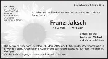 Traueranzeige von Franz Jaksch von Schwäbische Post