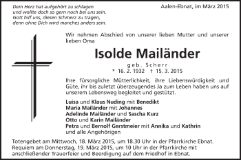 Traueranzeige von Isolde Mailänder von Schwäbische Post