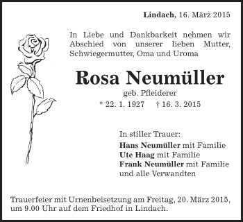 Traueranzeige von Rosa Neumüller von Gmünder Tagespost