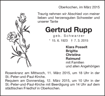 Traueranzeige von Gertrud Rupp von Schwäbische Post