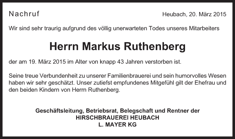  Traueranzeige für Markus Ruthenberg vom 21.03.2015 aus Gmünder Tagespost