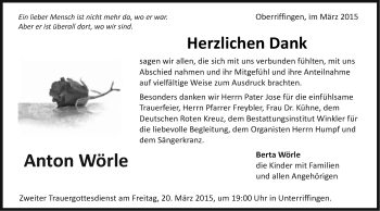Traueranzeige von Anton Wörle  von Schwäbische Post