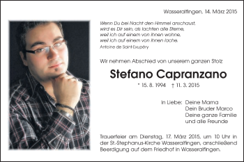 Traueranzeige von Stefano Capranzano von Schwäbische Post