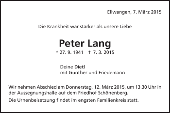 Traueranzeige von Peter Lang von Schwäbische Post