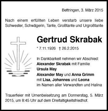 Traueranzeige von Gertrud Skrabak von Gmünder Tagespost