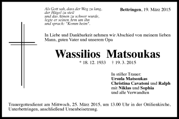Traueranzeige von Wassilios Matsoukas von Gmünder Tagespost