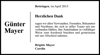 Traueranzeige von Günter Mayer von Gmünder Tagespost