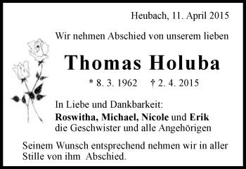Traueranzeige von Thomas Holuba von Gmünder Tagespost
