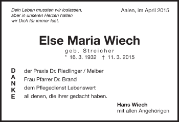 Traueranzeige von Else Maria Wiech von Schwäbische Post