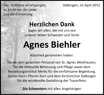Traueranzeige von Agnes Biehler von Schwäbische Post
