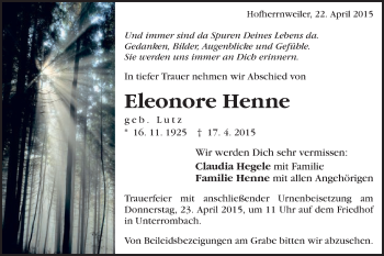 Traueranzeige von Eleonore Henne von Schwäbische Post