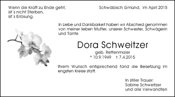 Traueranzeige von Dora Schweitzer von Gmünder Tagespost
