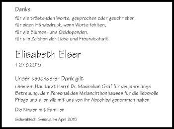 Traueranzeige von Elisabeth Elser von Gmünder Tagespost