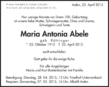 Traueranzeige von Maria Antonia Abele von Schwäbische Post