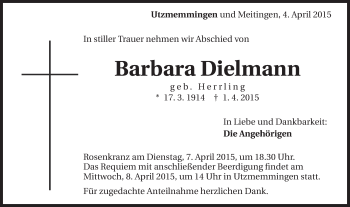Traueranzeige von Barbara Dielmann von Schwäbische Post