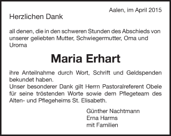 Traueranzeige von Maria Erhart von Schwäbische Post
