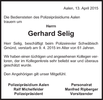 Traueranzeige von Gerhard Selig von Gmünder Tagespost