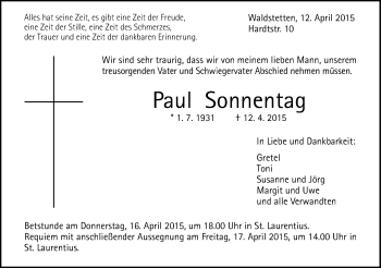 Traueranzeige von Paul Sonnentag von Gmünder Tagespost