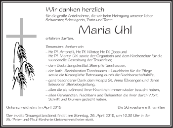 Traueranzeige von Maria Uhl von Schwäbische Post