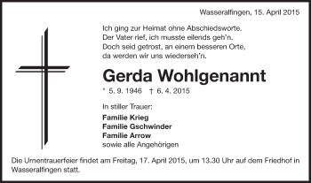 Traueranzeige von Gerda Wohlgenannt von Schwäbische Post