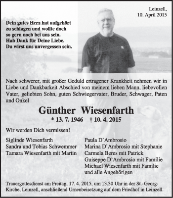 Traueranzeige von Günther Wiesenfarth von Gmünder Tagespost