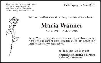 Traueranzeige von Maria Wanner von Gmünder Tagespost