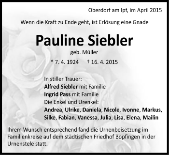 Traueranzeige von Pauline Siebler von Schwäbische Post