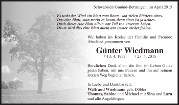 Traueranzeige von Günter Wiedmann von Gmünder Tagespost