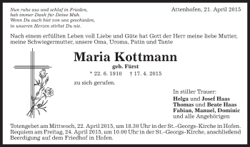 Traueranzeige von Maria Kottmann von Schwäbische Post