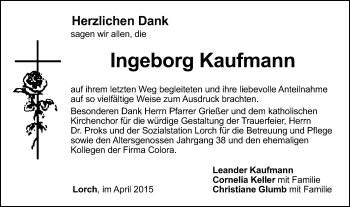 Traueranzeige von Ingeborg Kaufmann von Gmünder Tagespost