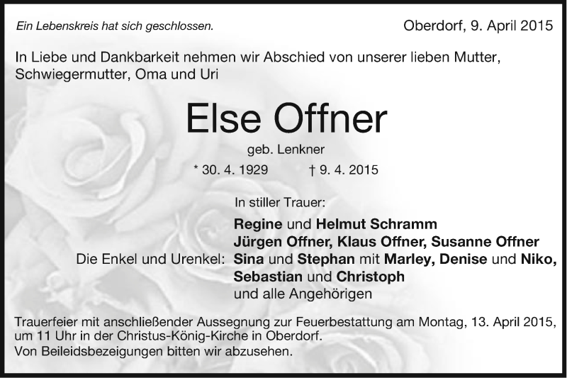  Traueranzeige für Else Offner vom 11.04.2015 aus Schwäbische Post