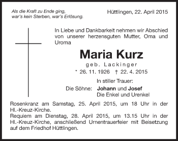 Traueranzeige von Maria Kurz von Schwäbische Post