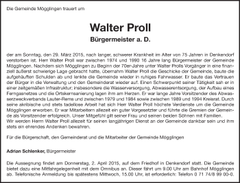 Traueranzeige von Walter Proll von Schwäbische Post