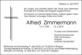 Traueranzeige von Alfred Zimmermann von Gmünder Tagespost