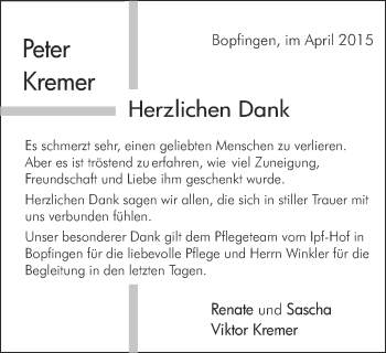 Traueranzeige von Peter Kremer von Schwäbische Post