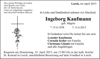 Traueranzeige von Ingeborg Kaufmann von Gmünder Tagespost
