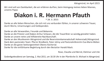 Traueranzeige von Hermann Pfauth von Schwäbische Post