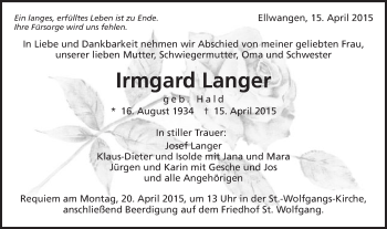Traueranzeige von Irmgard Langer von Schwäbische Post