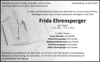 Traueranzeige von Frida Ehrensperger von Schwäbische Post