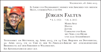 Traueranzeige von Jürgen Faltus von Schwäbische Post