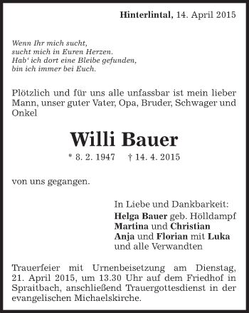 Traueranzeige von Willi Bauer von Gmünder Tagespost