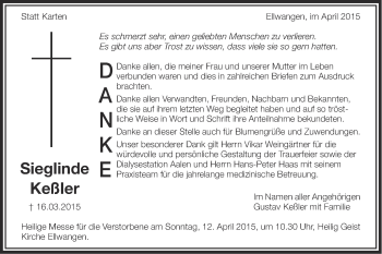 Traueranzeige von Sieglinde Keßler von Schwäbische Post
